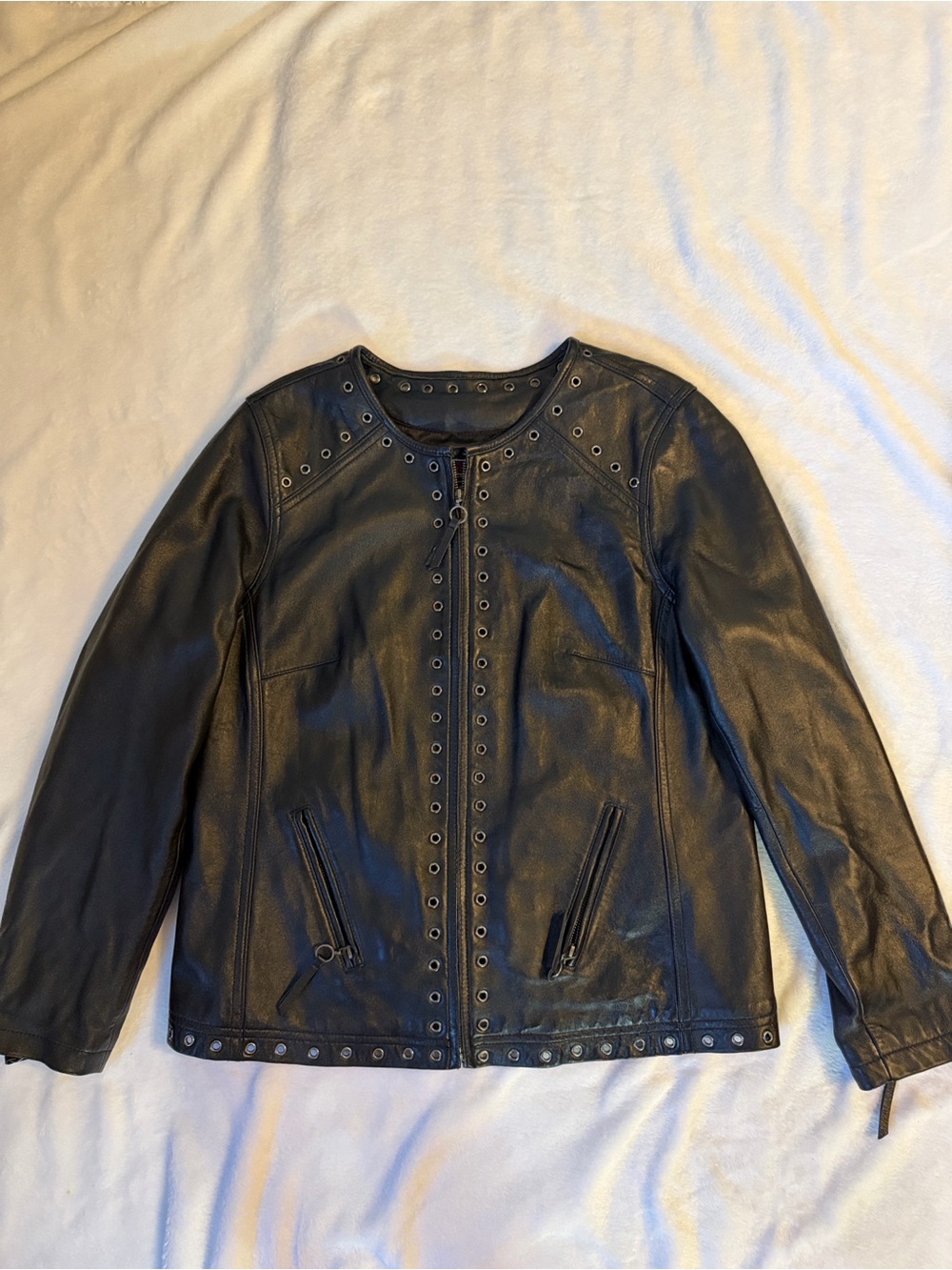 Black Leather Eyelet-Trim Jacket — Classic Open-Front Style